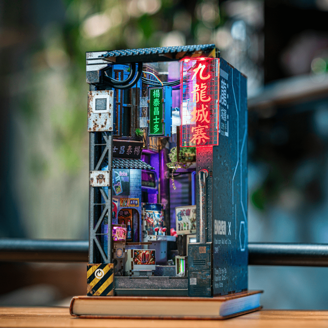 Kowloon Walled City cyberpunk book nook side view