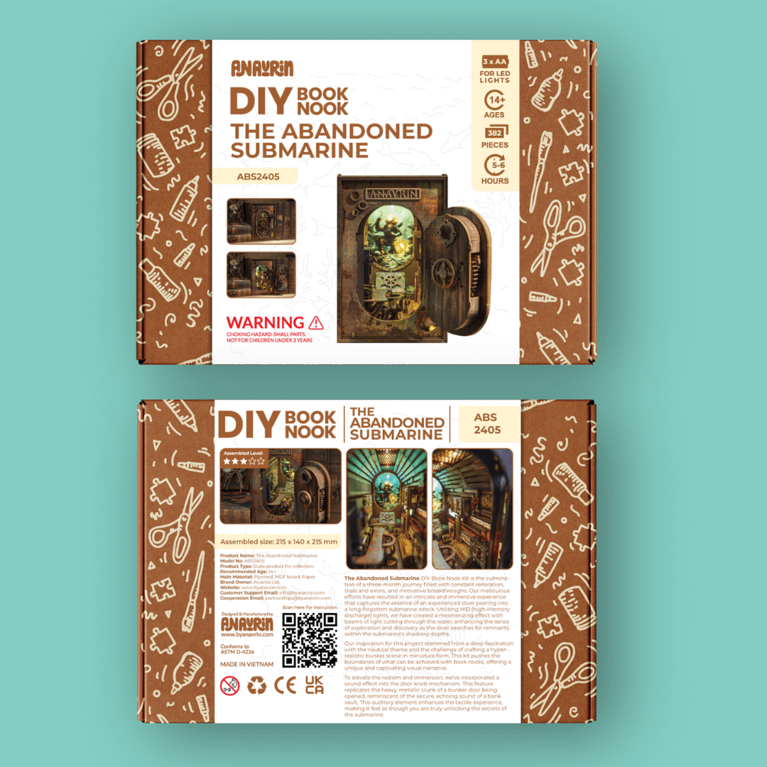 Packaging box and contents of the Abandoned Submarine Book Nook Kit
