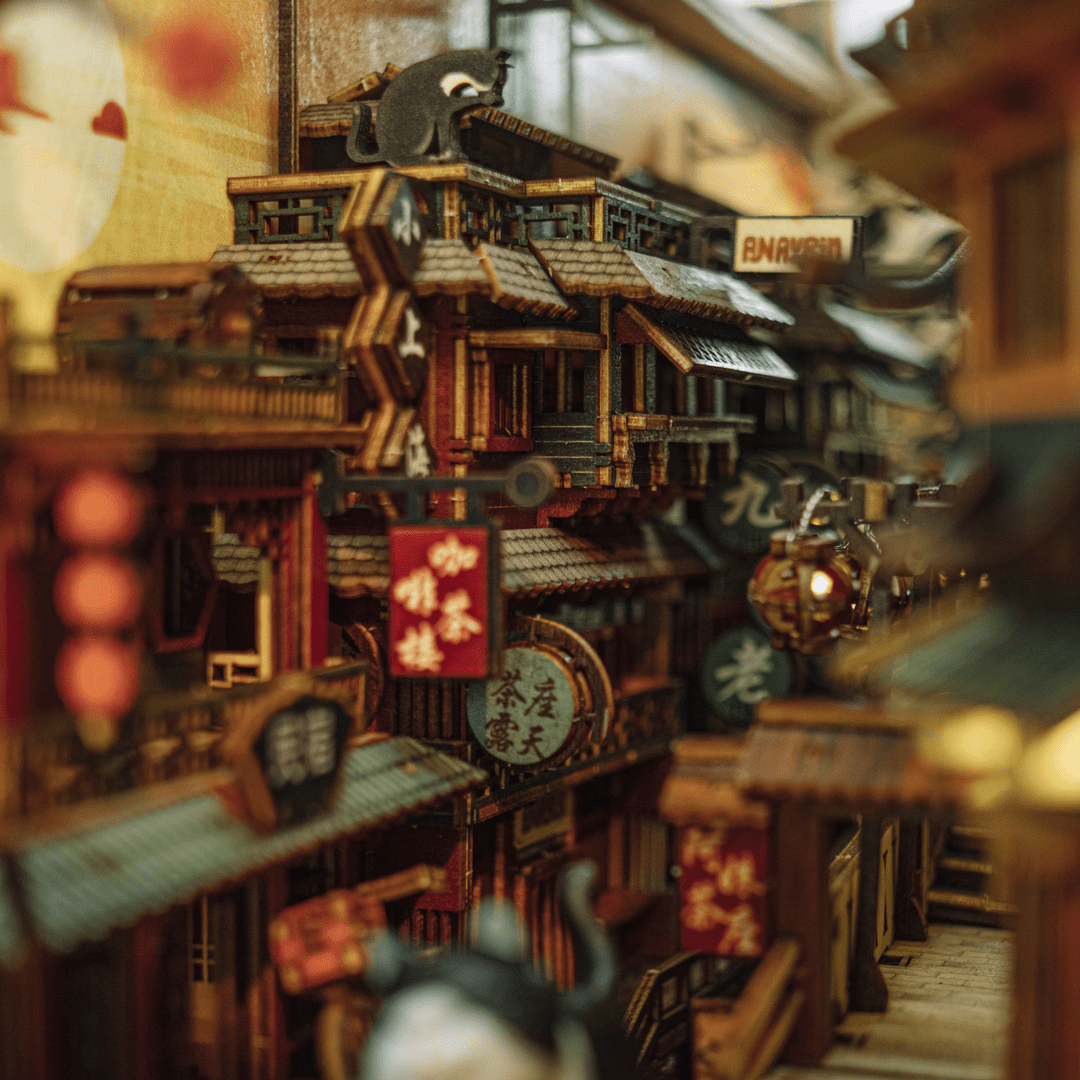Alley view of JiuFen Old Street Book Nook showing depth and lanterns