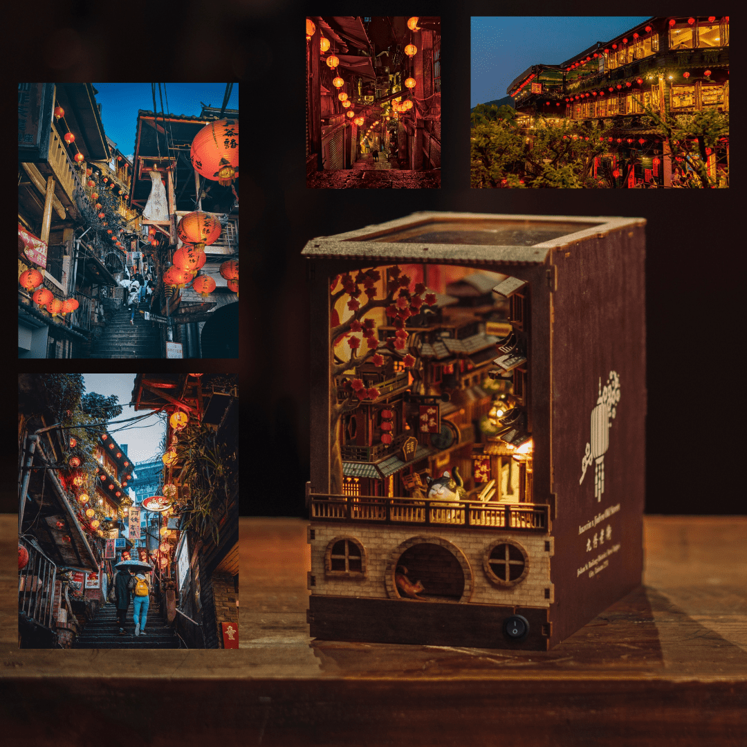 Night scene view of JiuFen Old Street Book Nook with glowing lanterns