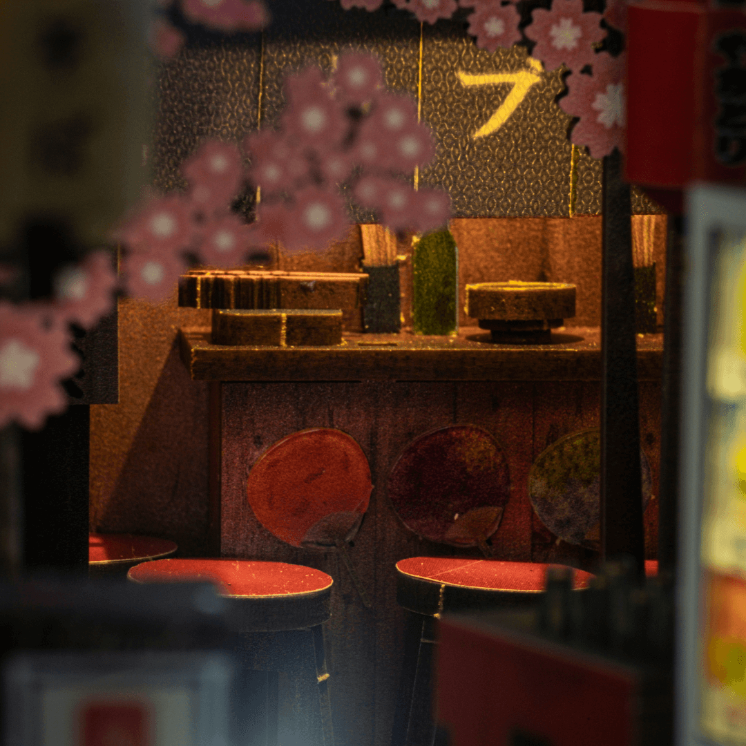 Detailed wooden architecture and signs in the Omoide Yokocho Book Nook