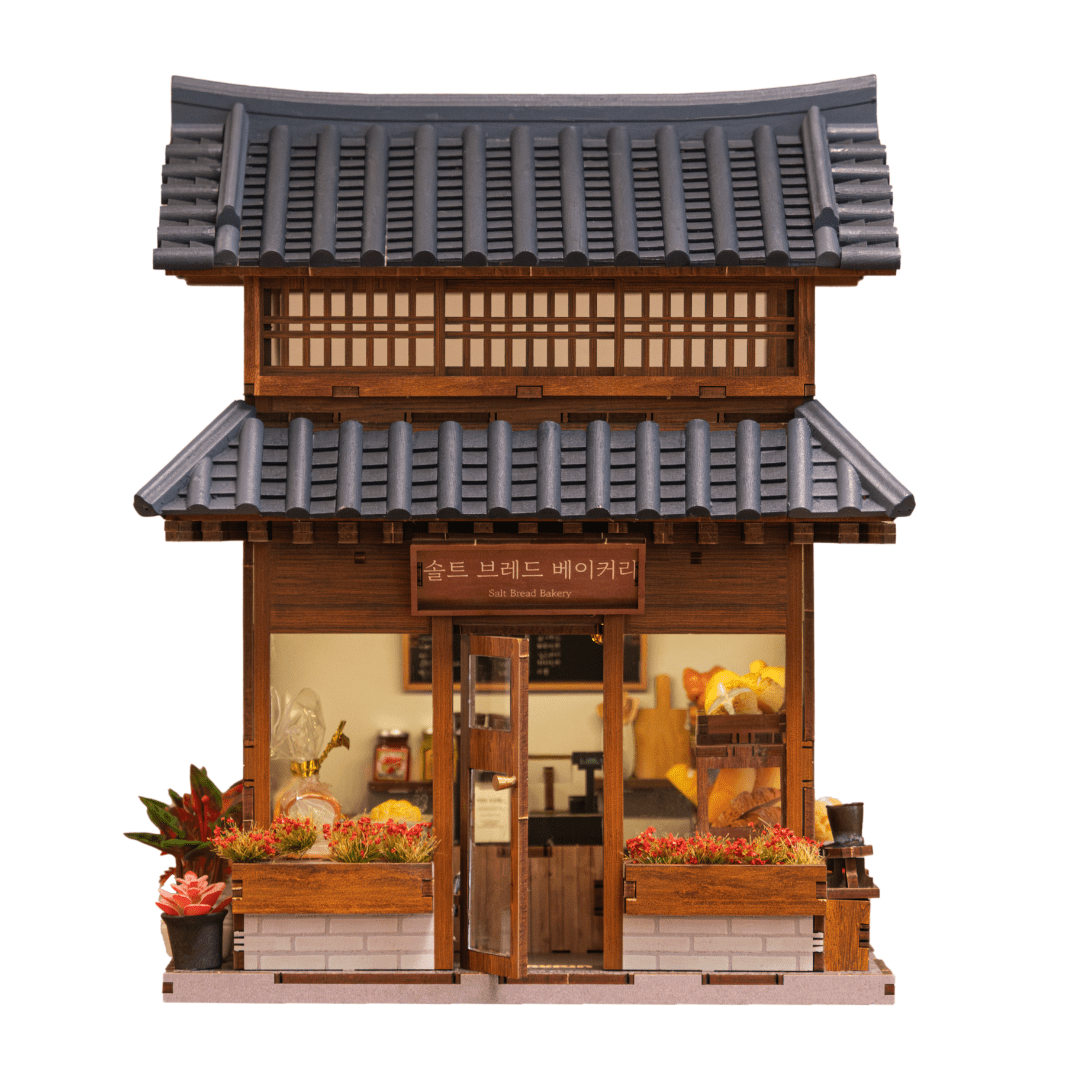 Front view of the Ikseon-dong Hanok Bakery miniature house showing the detailed wooden façade