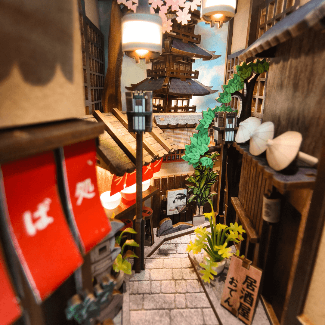 Side angle of Kyoto Gion Book Nook Kit with Japanese street details