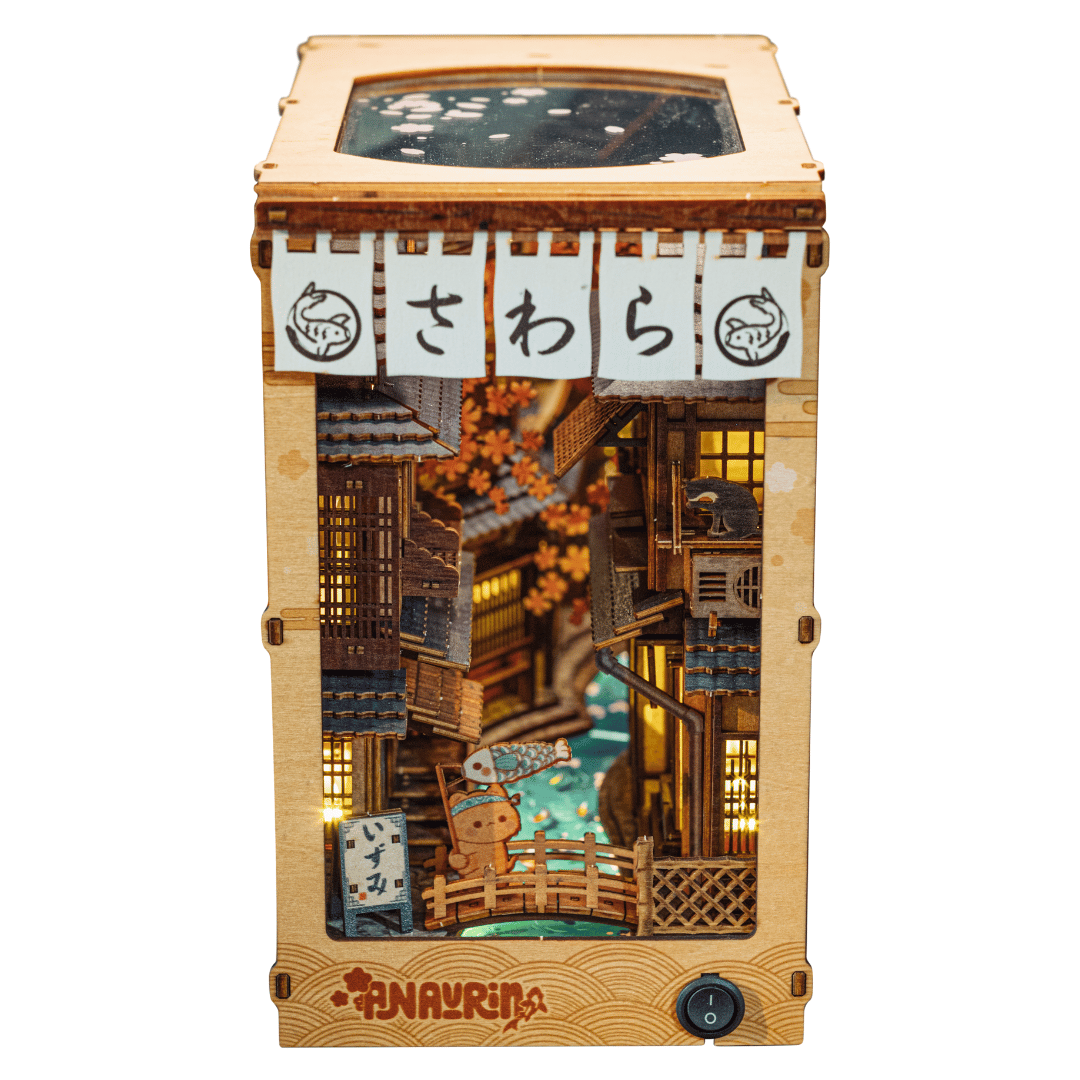 Finished Sawara Town Book Nook model displayed with books and decor