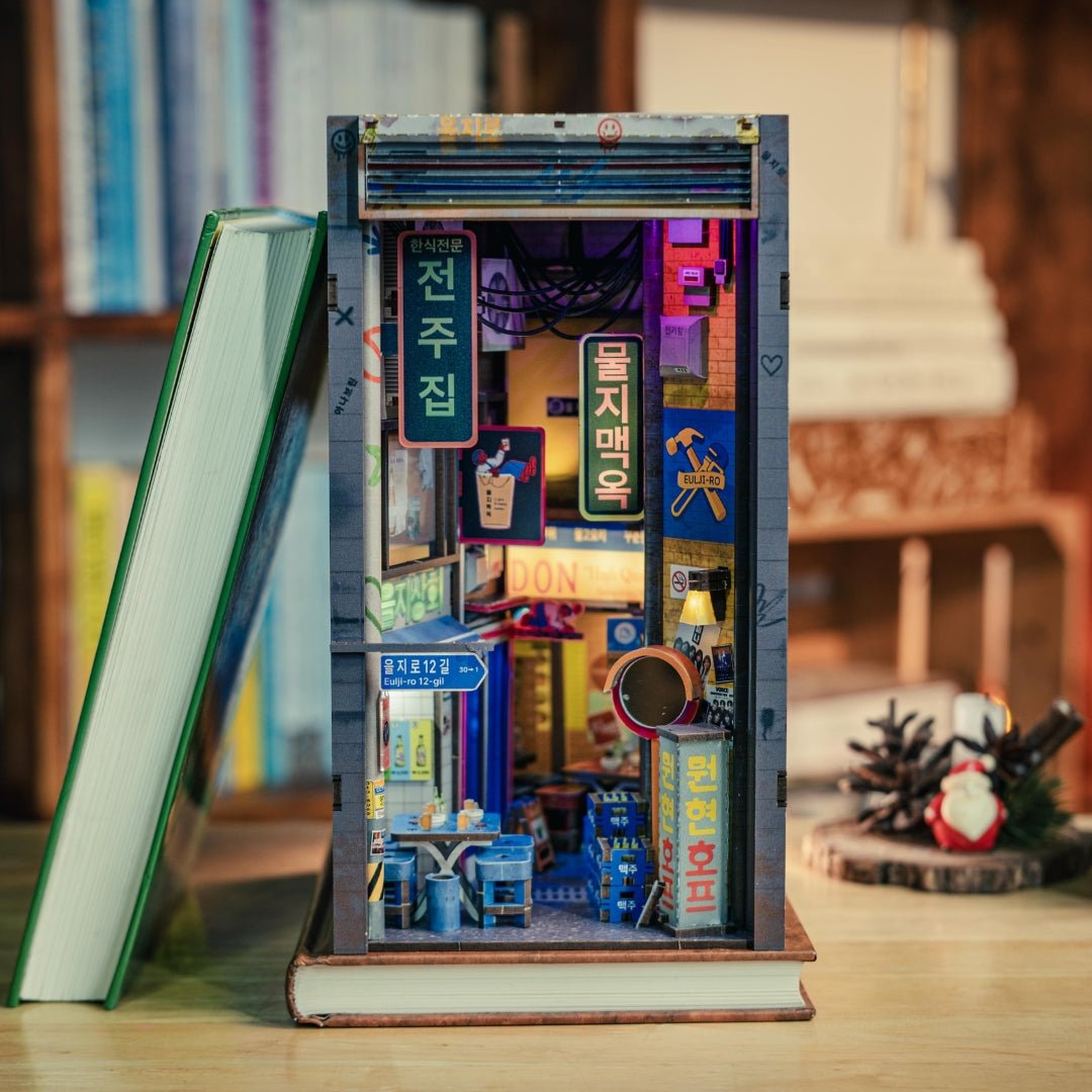 DIY Book Nook Kit showing Seoul-inspired metal workshops and signs