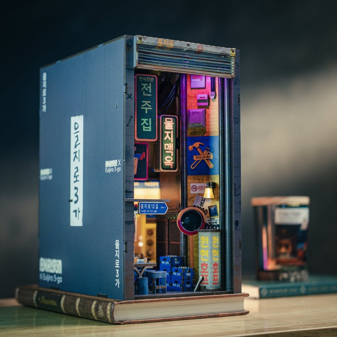 Cyberpunk-style Seoul Hipjiro Book Nook lit up with LED lights