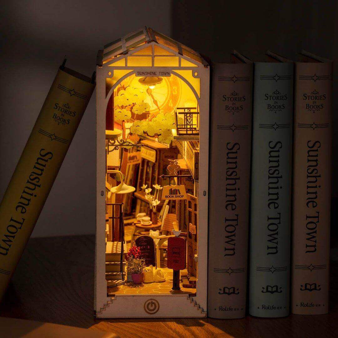 Analyste d'insertion d'étagère de coin de livre 3D bricolage avec musique  légère, serre-livres