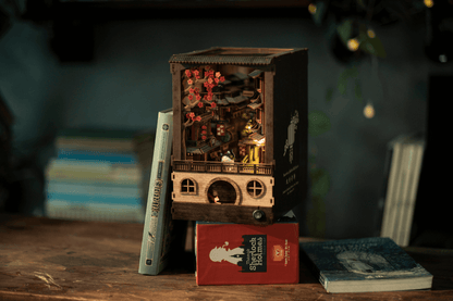JiuFen Old Street DIY book nook kit showcasing a miniature Taiwanese town with cherry blossoms, vibrant lanterns, and traditional architecture.