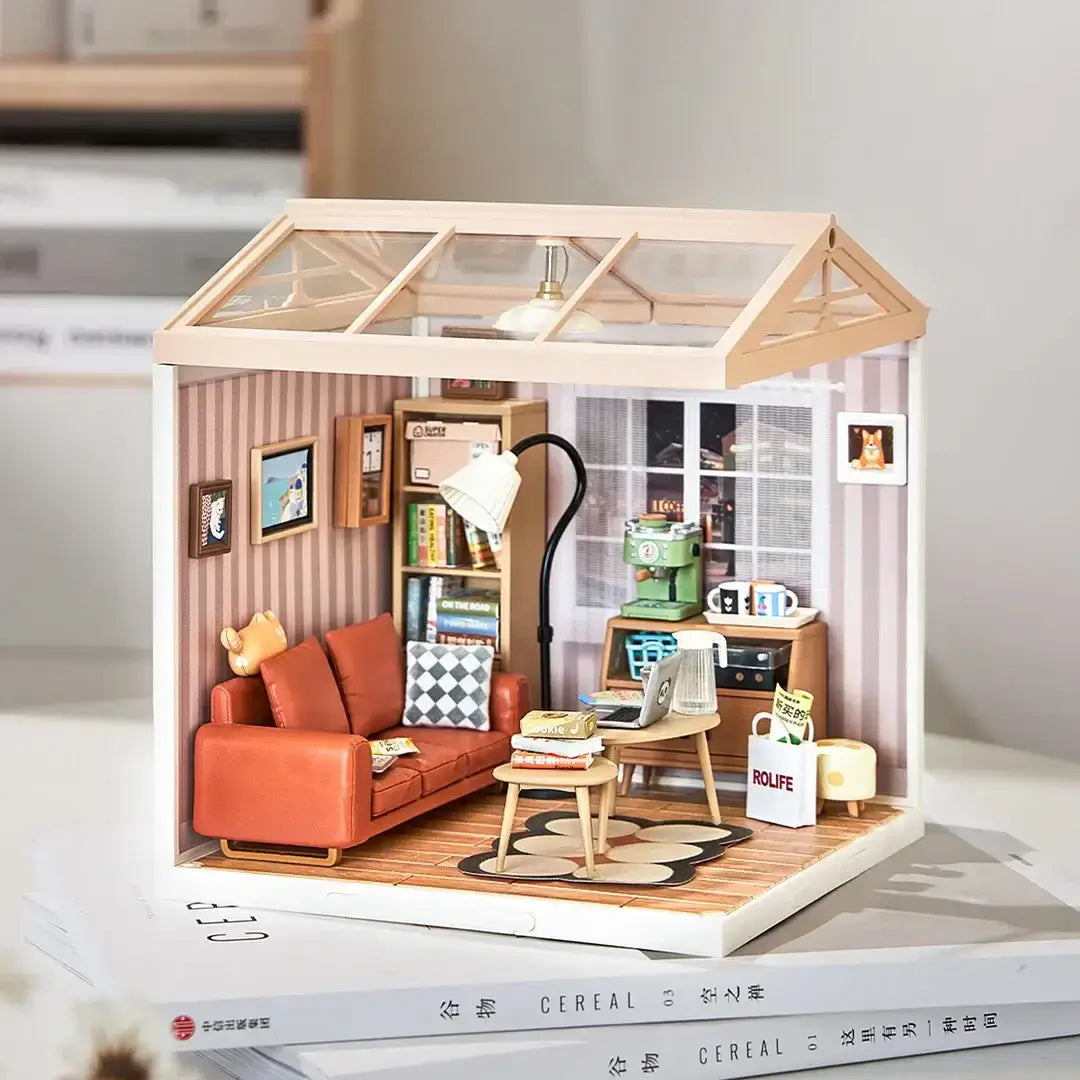 Cozy Living Lounge DIY Plastic Miniature House with furniture and decor on display