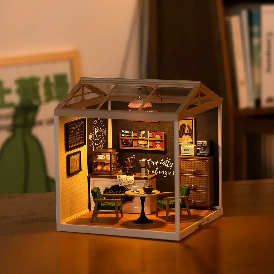Daily Inspiration Cafe DIY Plastic Miniature House well-lit interior with cozy decor and tiny furniture.