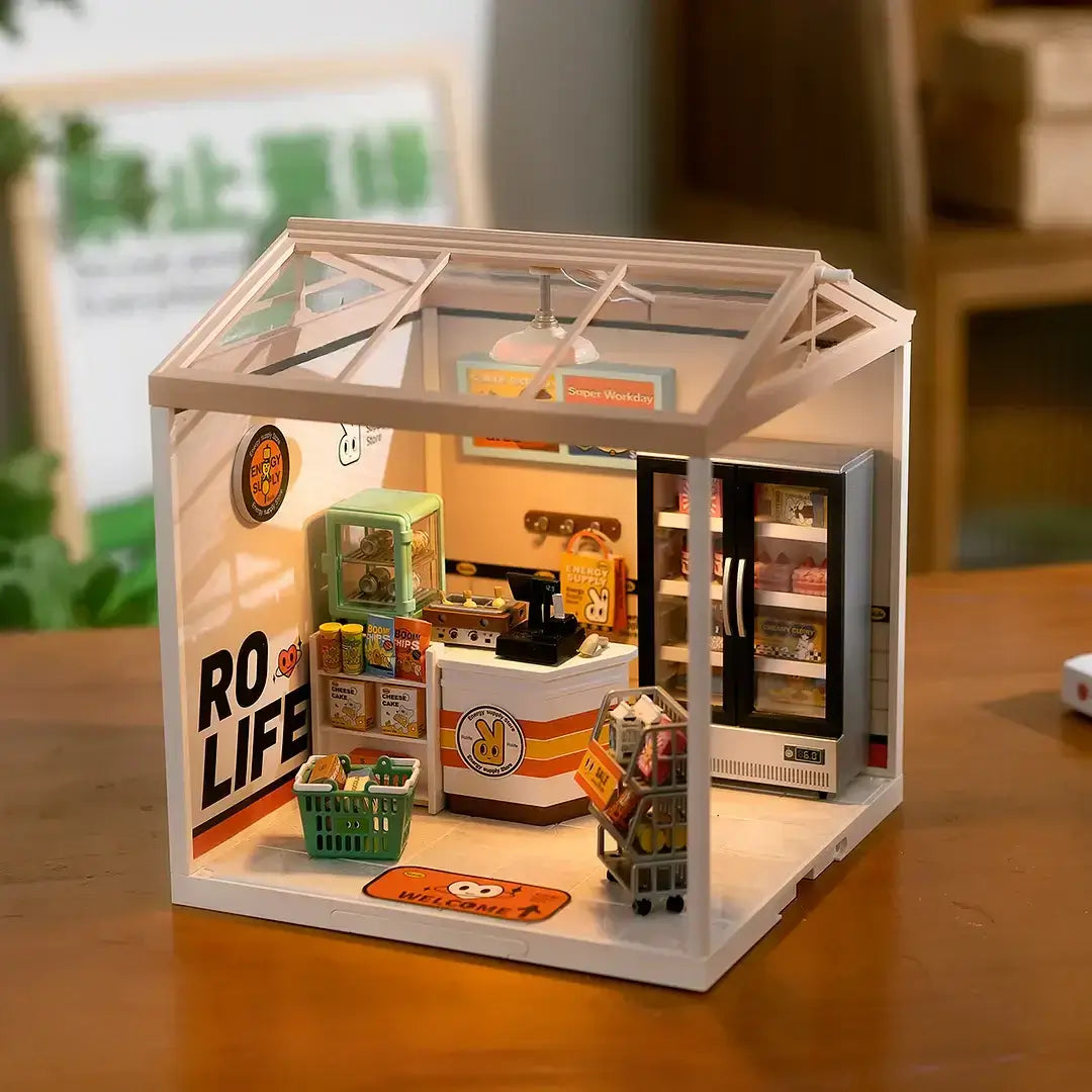 Energy Supply Store DIY Plastic Miniature House on display, offering a fun and therapeutic crafting activity.
