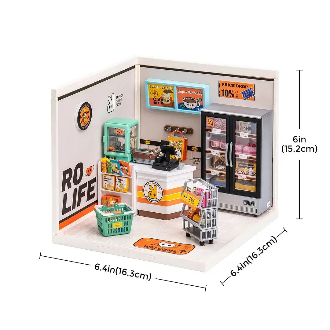 Energy Supply Store DIY Plastic Miniature House with detailed interior including a checkout counter, shelves, and products on display