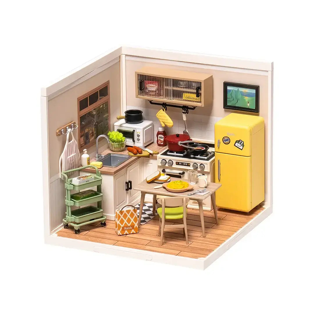 Happy Meals Kitchen DIY Plastic Miniature House with realistic appliances and cozy cooking space.
