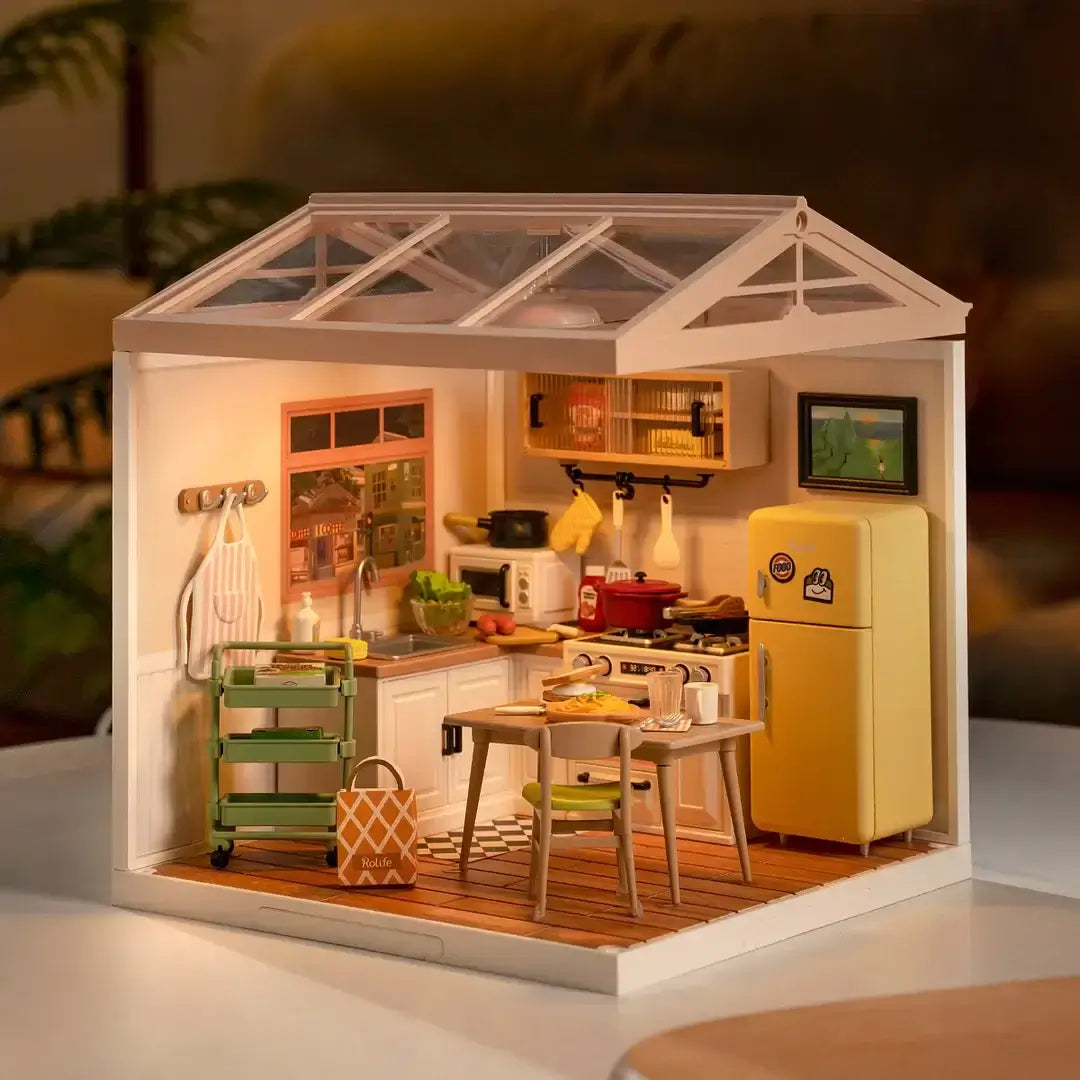 Happy Meals Kitchen DIY Plastic Miniature House with realistic appliances and cookware in cozy cooking space.