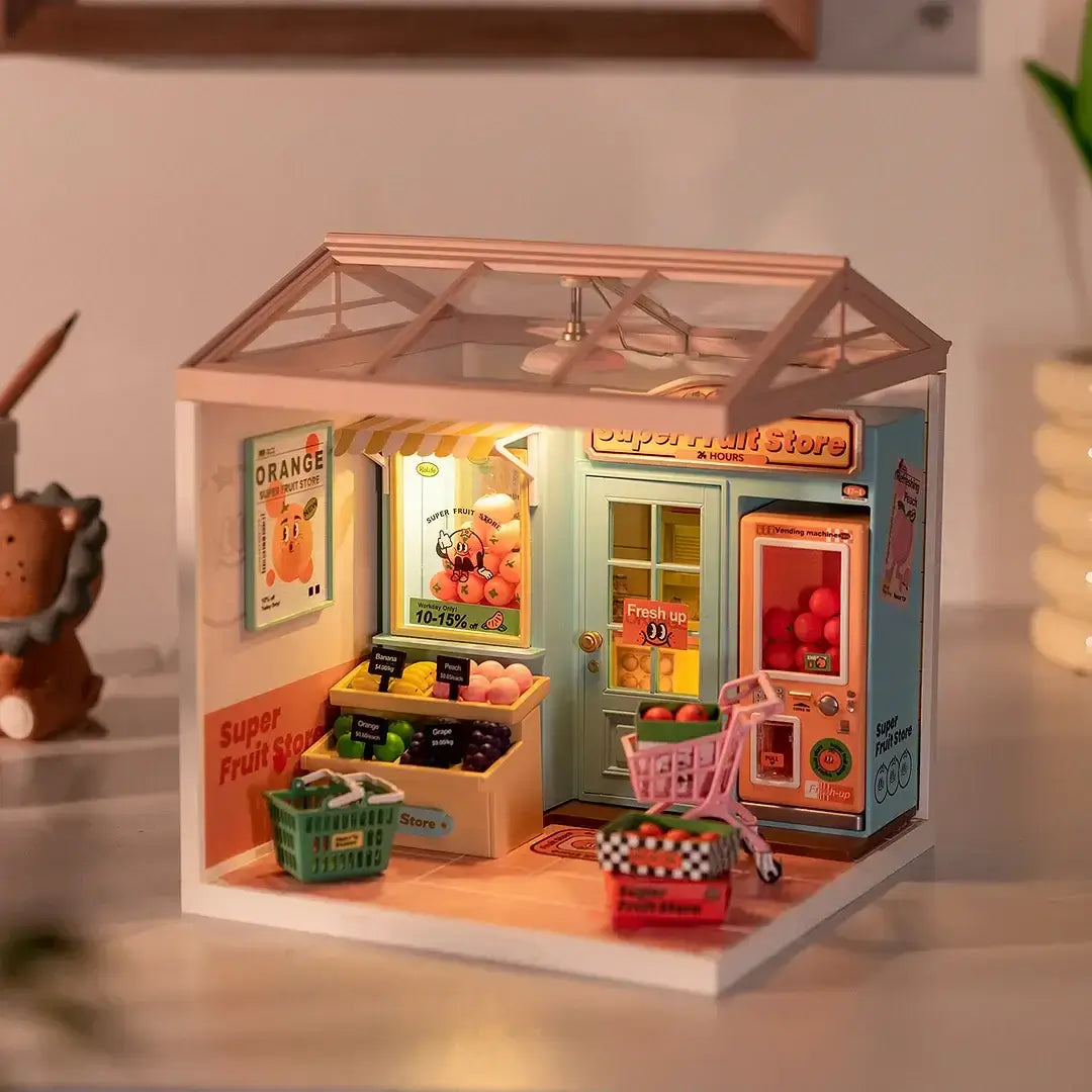 Super Fruit Store DIY Plastic Miniature House with grocery setup, shopping basket, and vibrant interior lighting, perfect collectible gift.