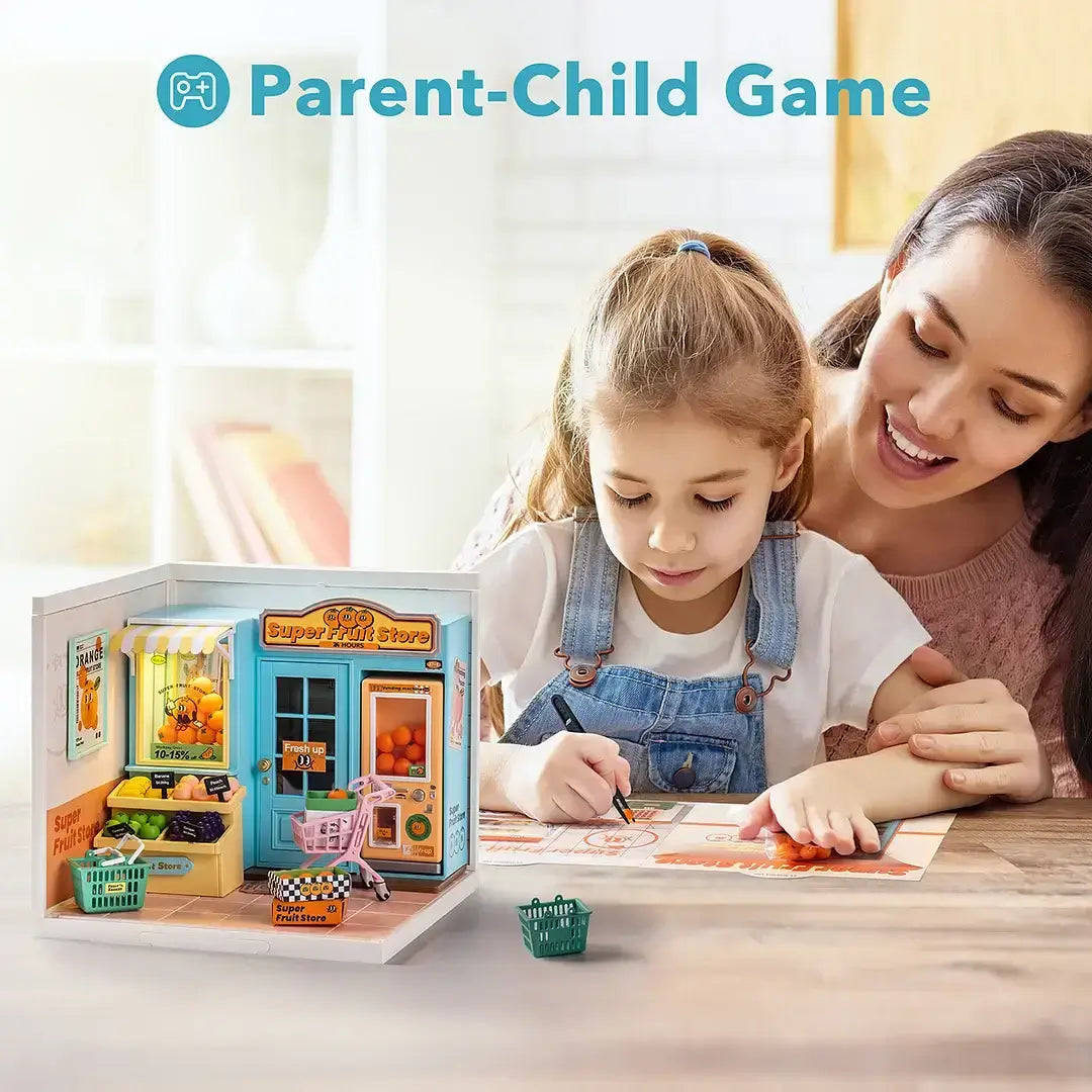 Mother and daughter bonding while assembling Super Fruit Store DIY Plastic Miniature House, a perfect parent-child game.