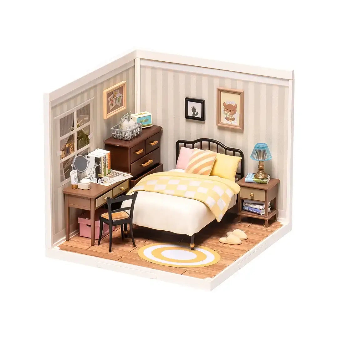 Sweet Dream Bedroom DIY Plastic Miniature House fully assembled and displayed for a cozy and charming look in a corner room scene.