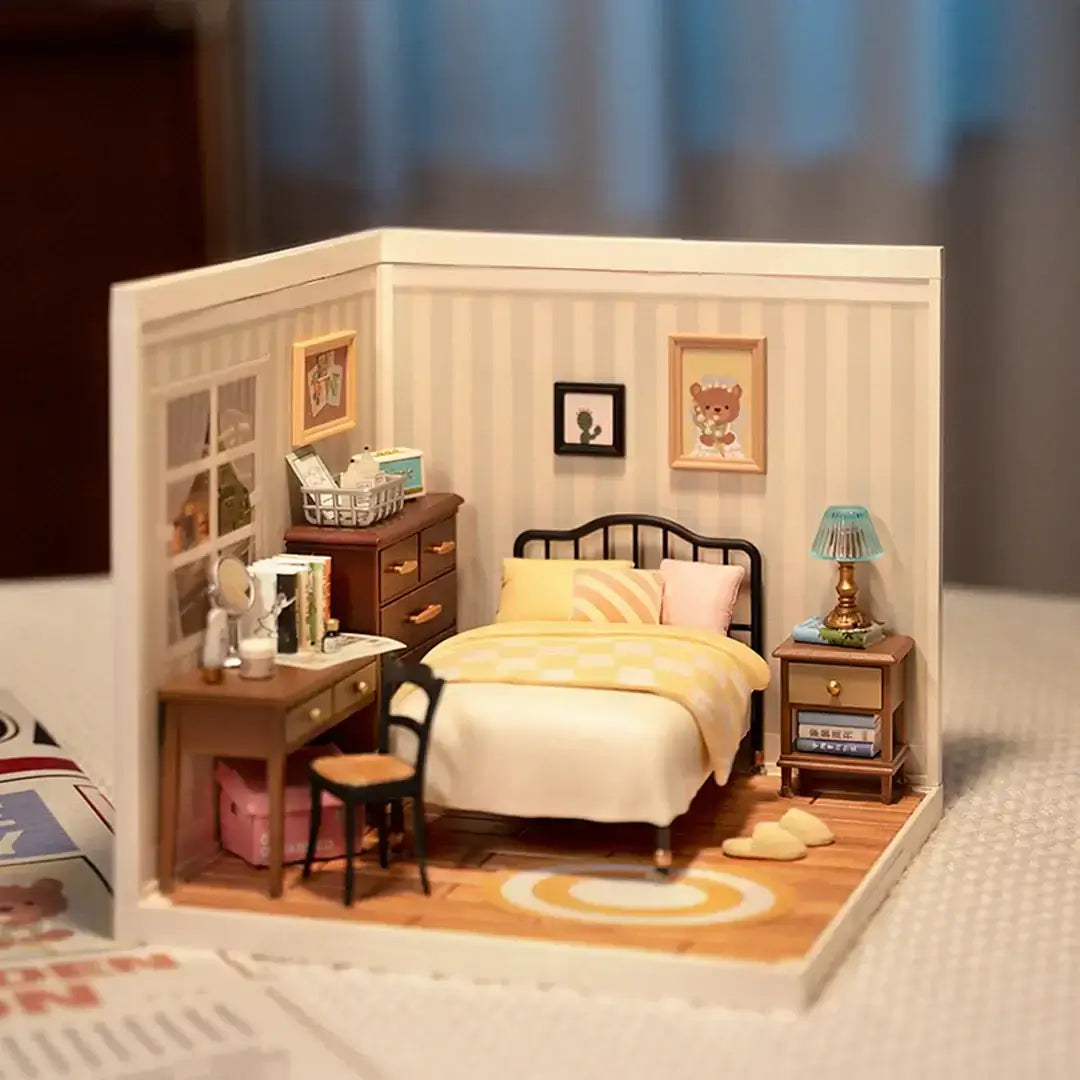 Sweet Dream Bedroom DIY Plastic Miniature House with bed, desk, lamp, and decor, perfect for crafting, gifting, and display