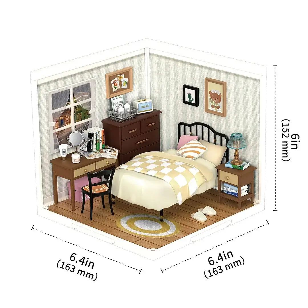 Sweet Dream Bedroom DIY Plastic Miniature House with dimensions 6.4 x 6.4 x 6 inches displayed in a detailed room setting.