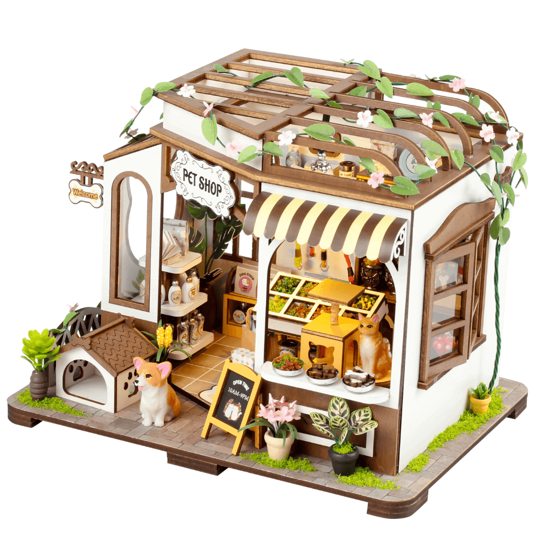 Pet Shop DIY Miniature House model with plants, dog figurine, and detailed interior on display