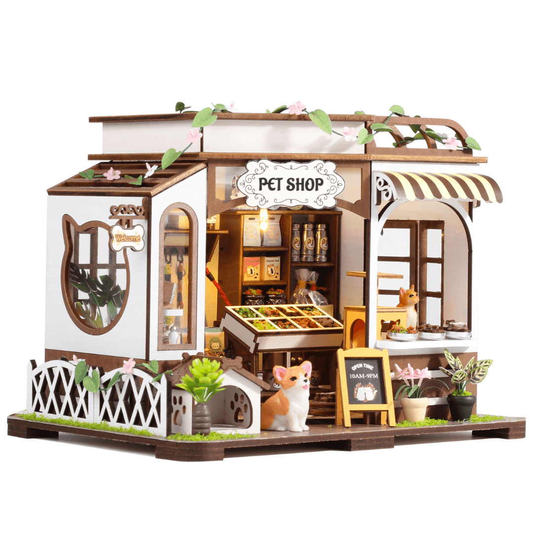 Pet Shop DIY Miniature House - Charming collectible model of pet shop with intricate details, plants, and a cat figurine.