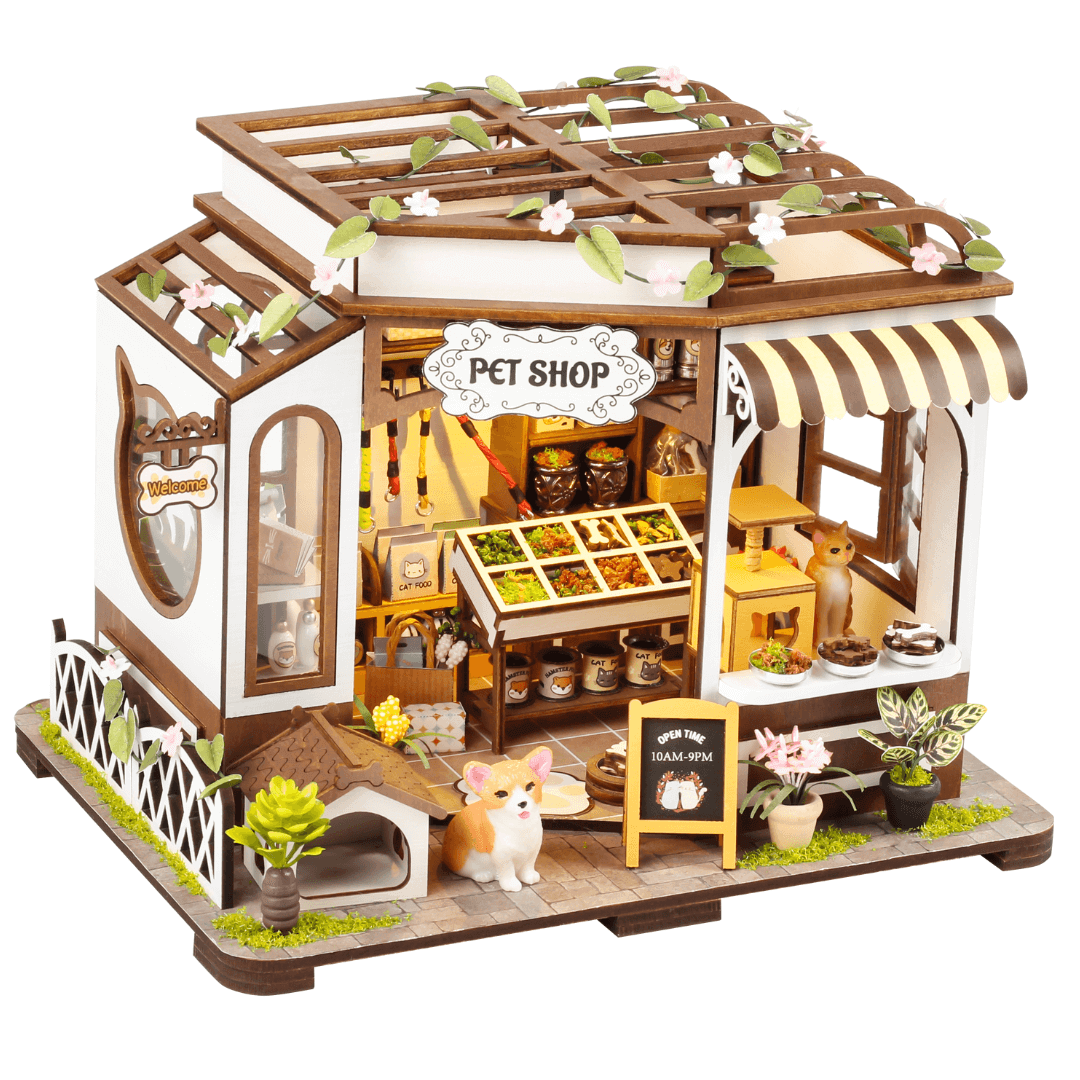 Detailed Pet Shop DIY Miniature House with plants and a dog figurine showcasing a charming collectible craft model.