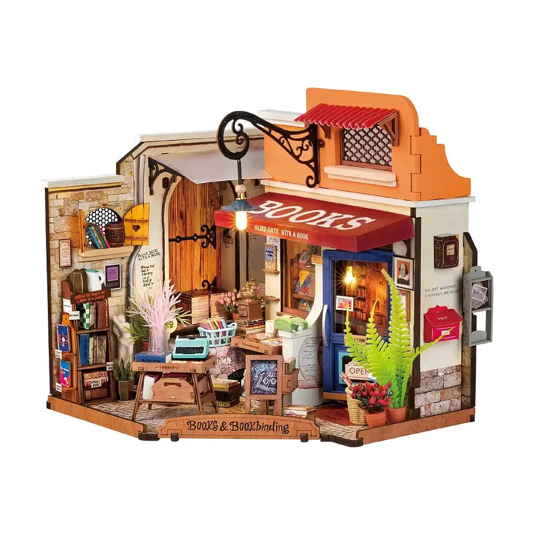 Corner Bookstore DIY Miniature House Kit with detailed bookshop setup, ideal for bonding, crafting, and collectible display.
