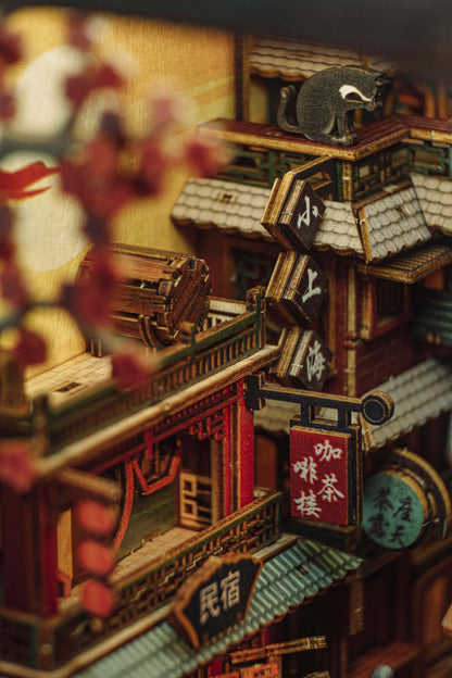 Close-up of JiuFen Old Street DIY book nook kit depicting vibrant storefronts, lanterns, and traditional Chinese architecture in Taiwan