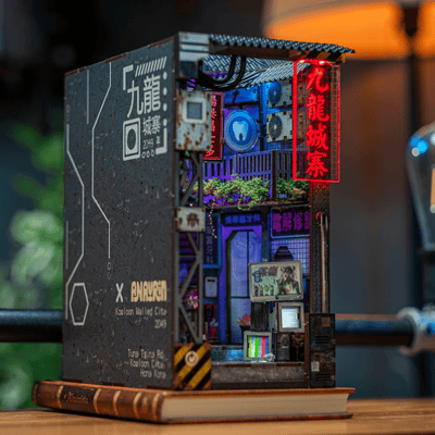 Kowloon Walled City cyberpunk book nook side view
