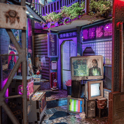 Kowloon Walled City cyberpunk book nook inside details