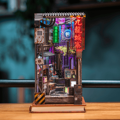 Kowloon Walled City cyberpunk book nook front view