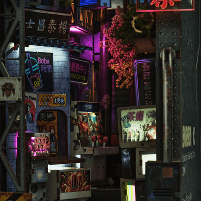 Kowloon Walled City cyberpunk book nook inside details