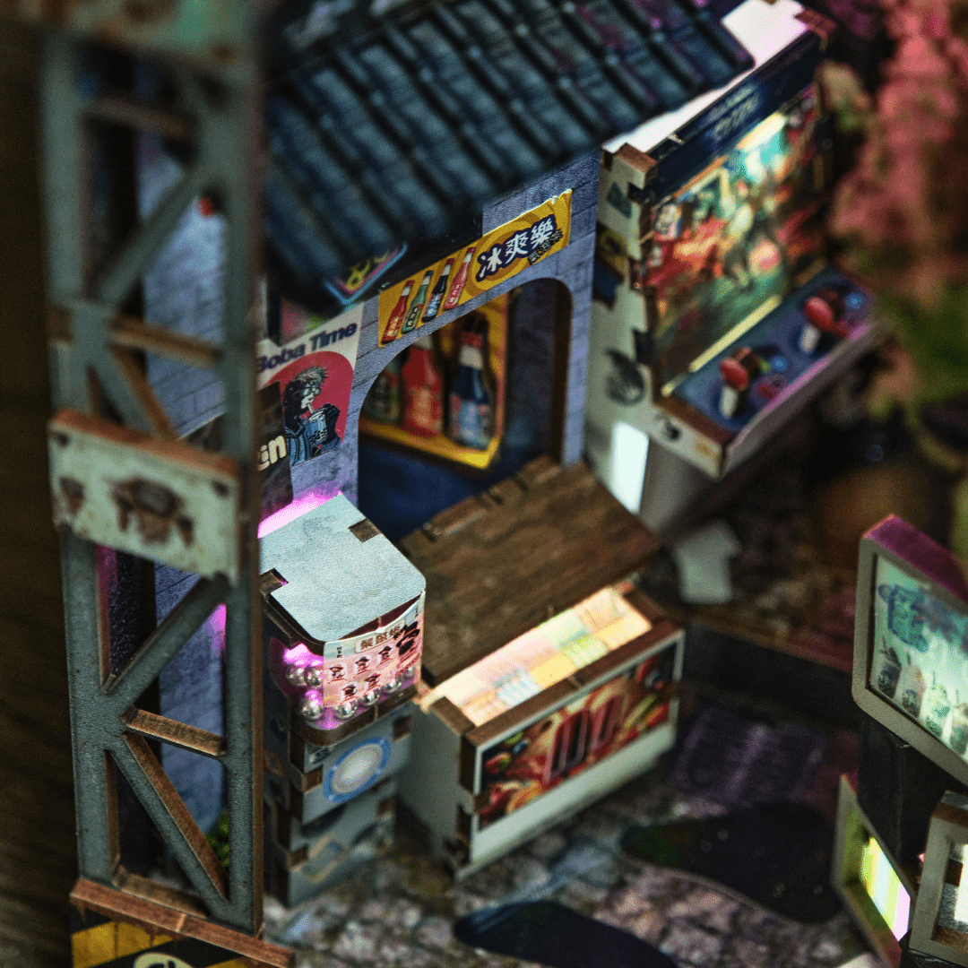 Kowloon Walled City cyberpunk book nook inside details