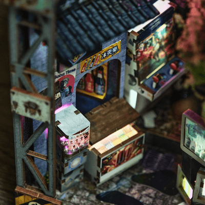 Kowloon Walled City cyberpunk book nook inside details