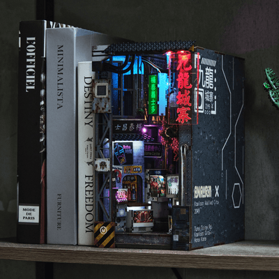 Kowloon Walled City cyberpunk book nook between books