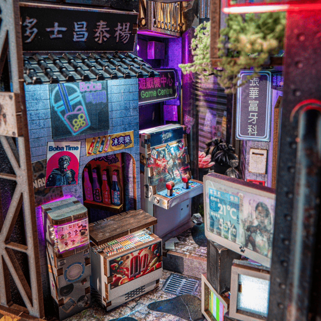 Kowloon Walled City cyberpunk book nook inside details
