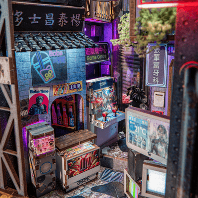 Kowloon Walled City cyberpunk book nook inside details