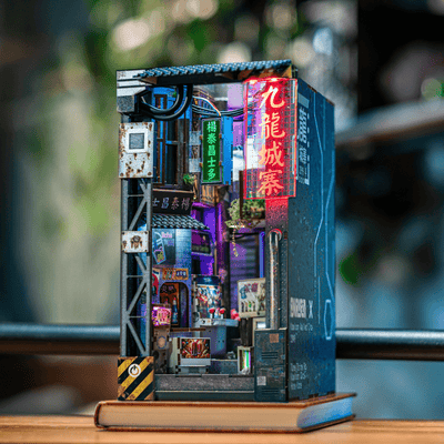 Kowloon Walled City cyberpunk book nook side view