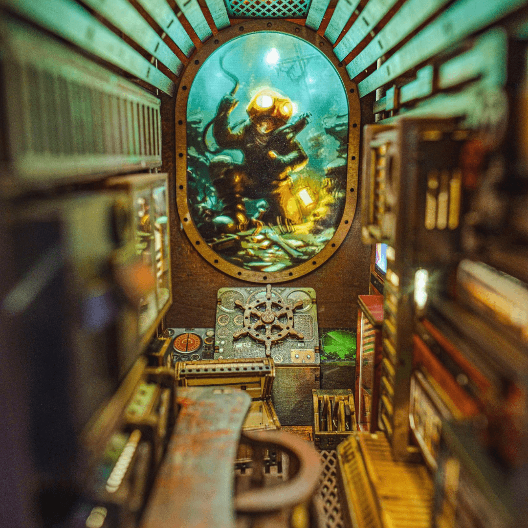 Diver figure exploring the submarine wreck inside the Abandoned Submarine Book Nook