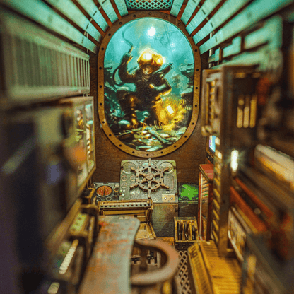 Diver figure exploring the submarine wreck inside the Abandoned Submarine Book Nook