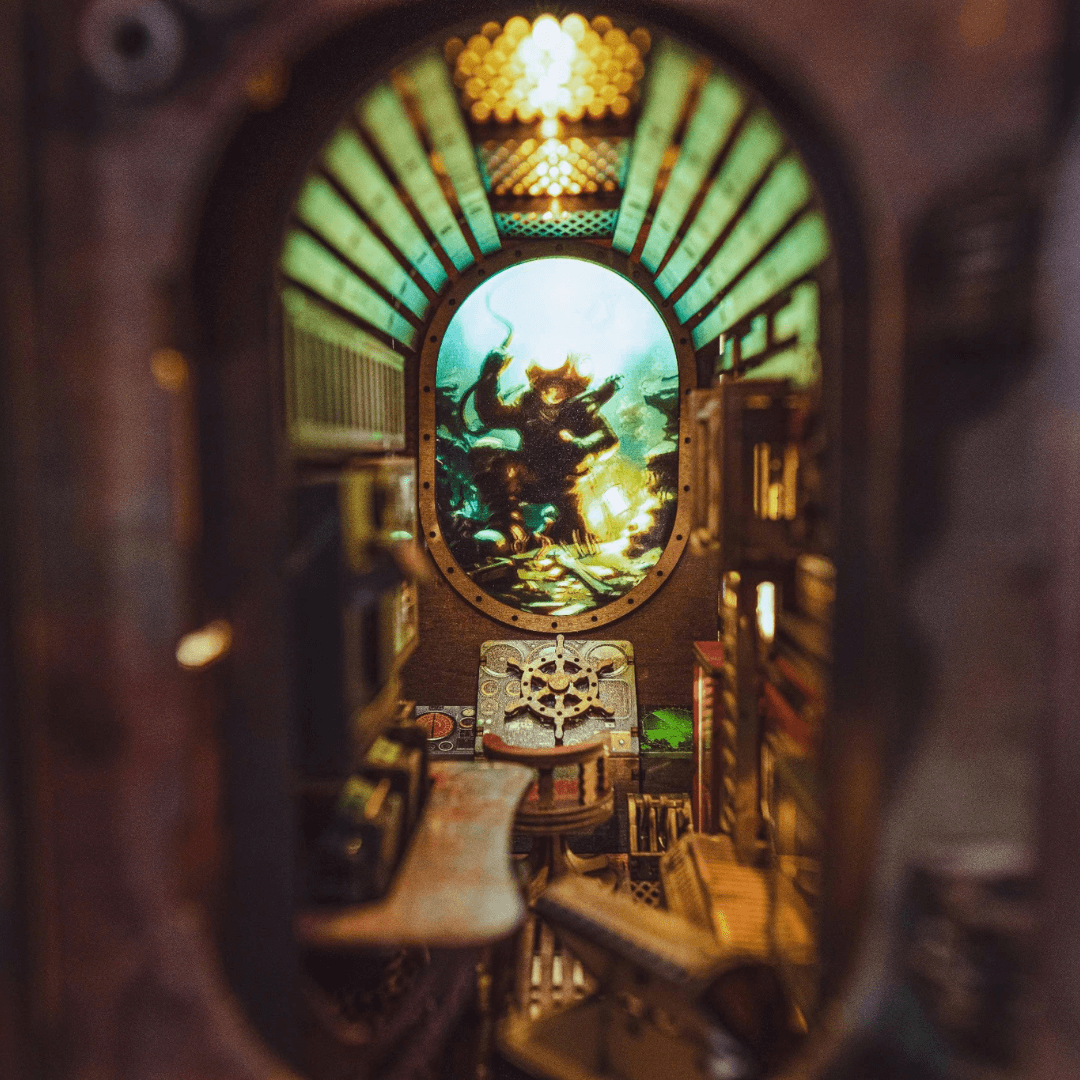 Diver figure exploring the submarine wreck inside the Abandoned Submarine Book Nook