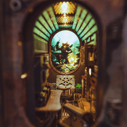 Diver figure exploring the submarine wreck inside the Abandoned Submarine Book Nook