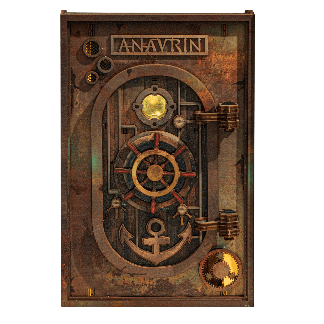 Front view of the Abandoned Submarine Book Nook Kit showing submarine hull and lighting