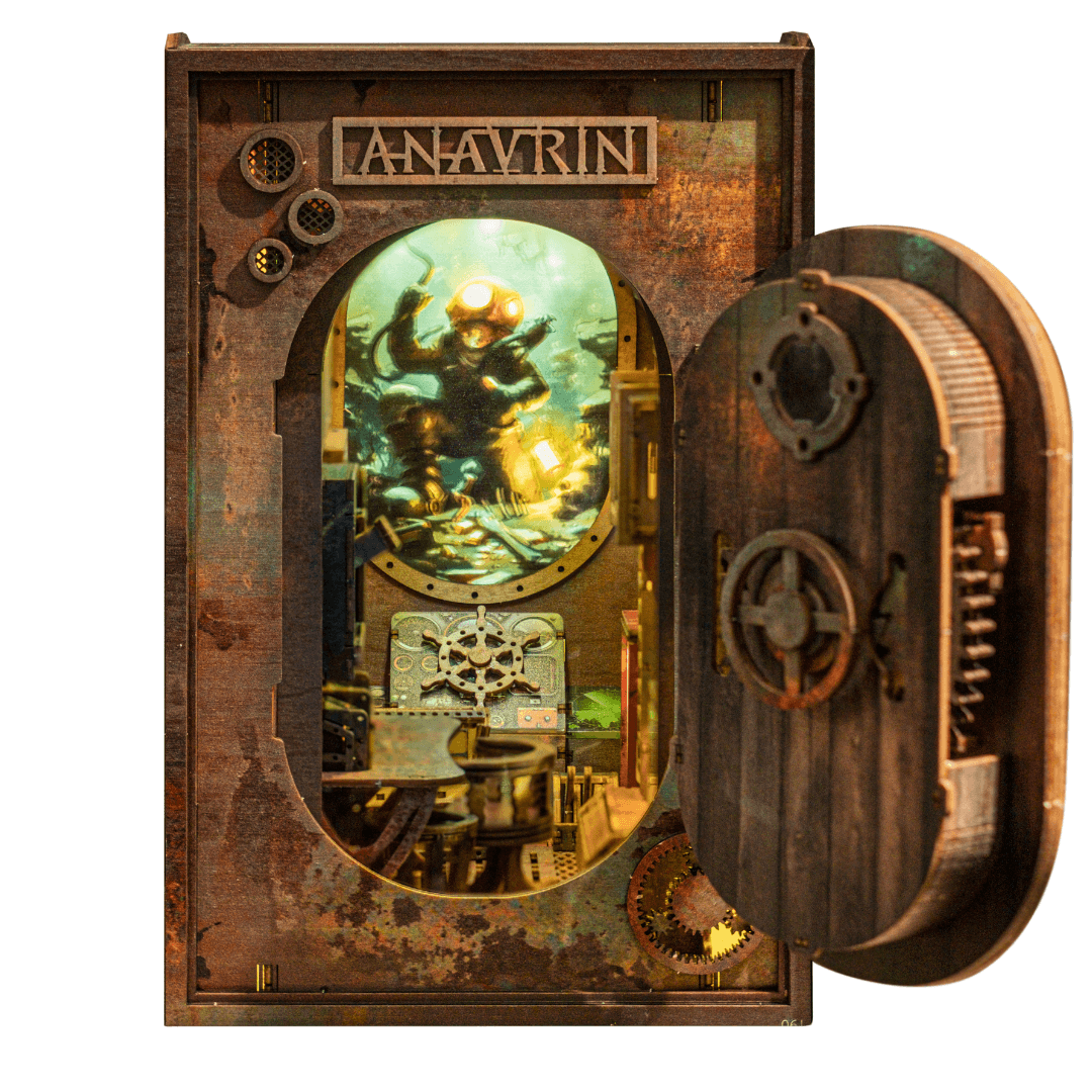 Front view of the Abandoned Submarine Book Nook Kit showing submarine hull and lighting