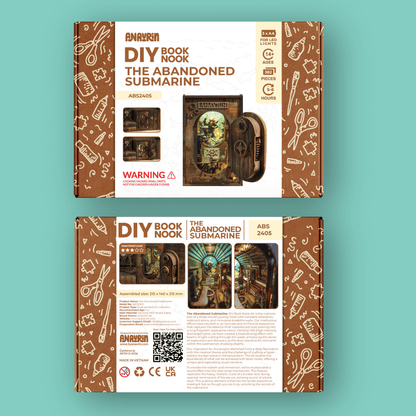 Packaging box and contents of the Abandoned Submarine Book Nook Kit