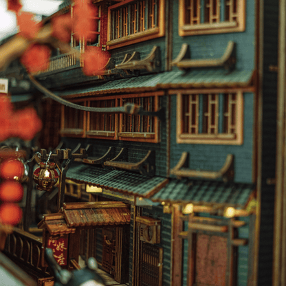 Alley view of JiuFen Old Street Book Nook showing depth and lanterns
