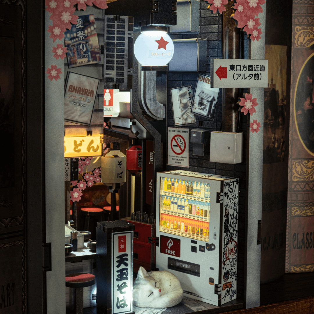 Tiny beer crates and vintage signage in the Omoide Yokocho Book Nook scene