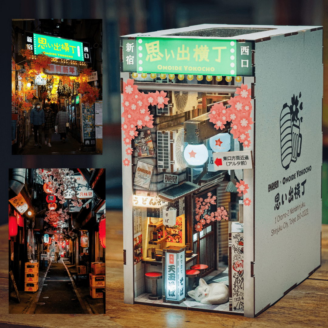 Close-up of glowing paper lanterns inside the Omoide Yokocho Book Nook