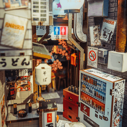 Side angle of the narrow alley street scene in Omoide Yokocho Book Nook