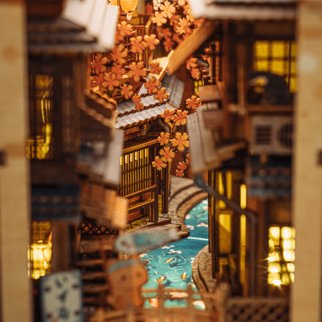 Close-up of miniature Japanese wooden details in Sawara Town Book Nook